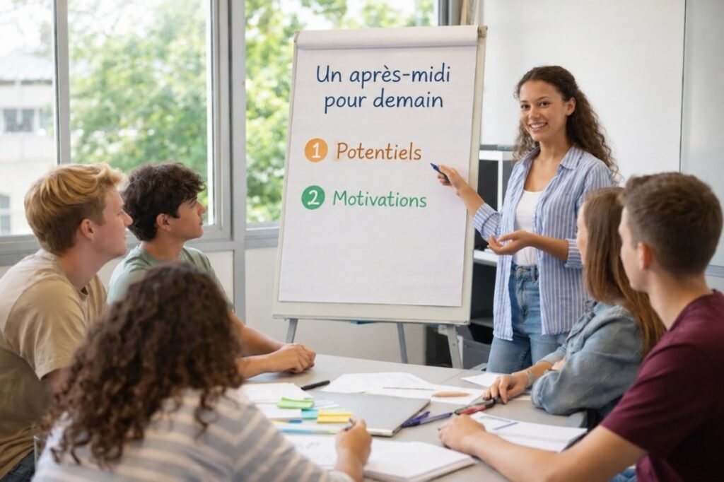 Jeune femme animant un atelier devant un groupe